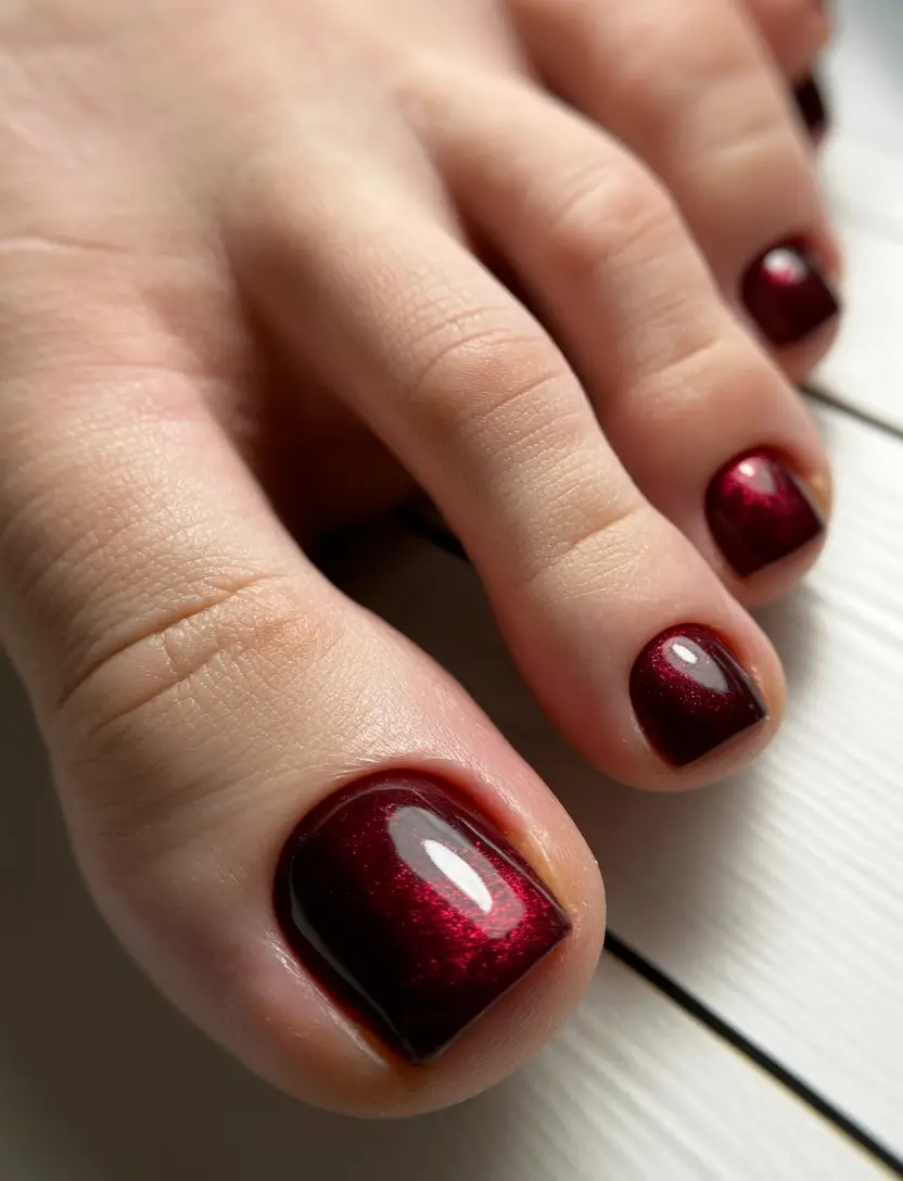 best toe nail colors 2026 Deep Ruby Metallic With Holiday Glow