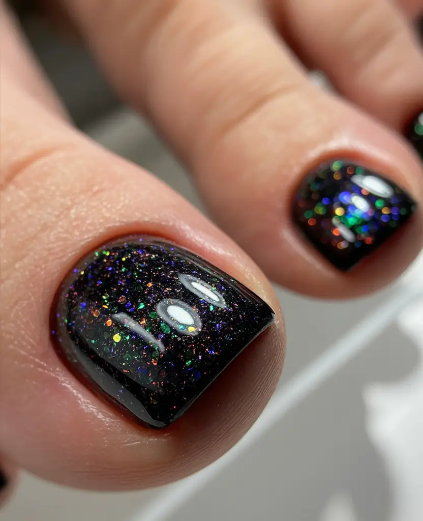 best toe nail colors 2026 Black Holographic Sparkle For Nightlife Energy