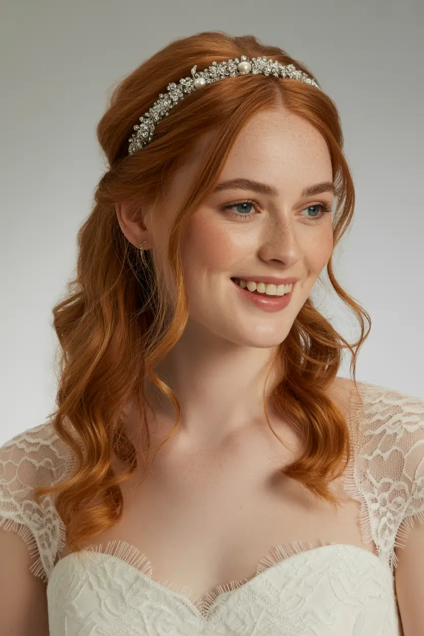 wedding hairstyles 2026 Pearl-Trimmed Half Down Grace