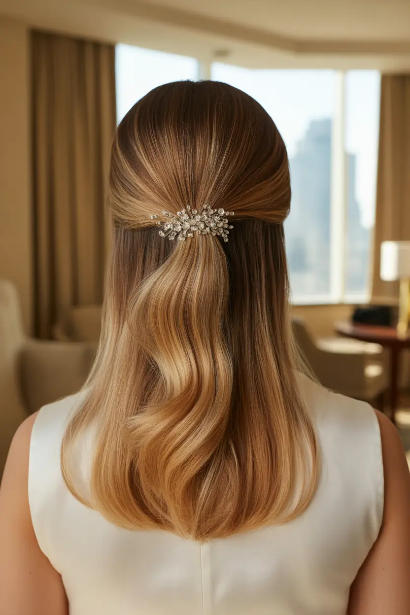 wedding hairstyles 2026 Crystal Accent Half Down Elegance