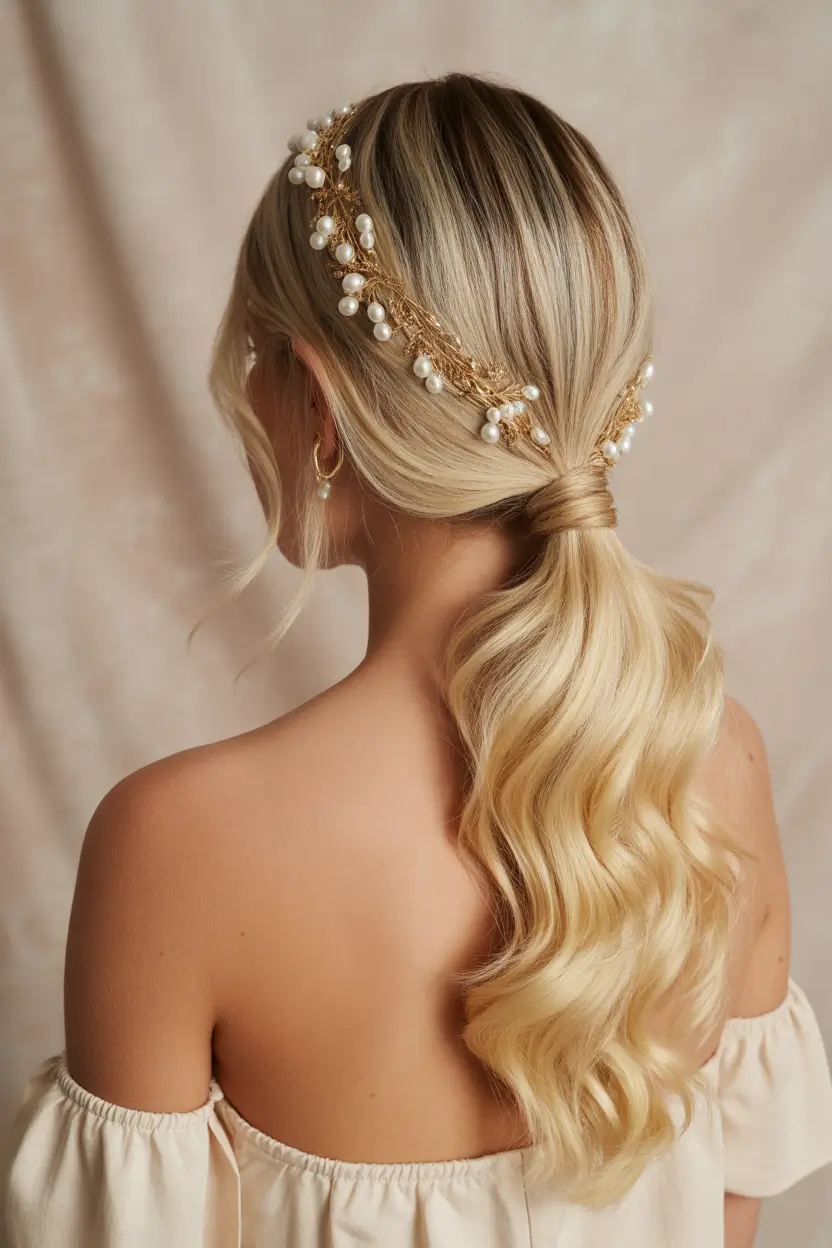 wedding hairstyles 2026 Golden Waves with Pearl Halo