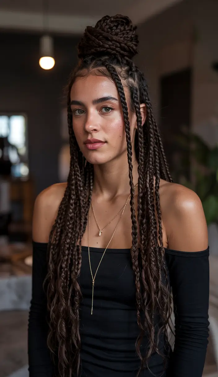 braids hairstyles Boho Knotless Braids with a Top Bun Twist