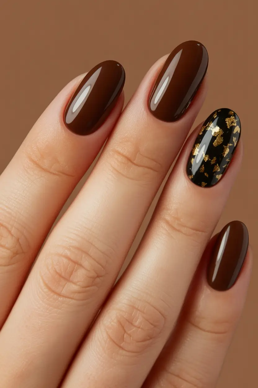brown-nails-2026-designs-ideas-Glossy-Mocha-With-Gold-Flakes-Elegance