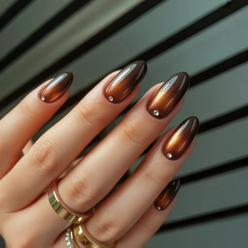 brown-nails-2026-designs-ideas-Bronzed-Shimmer-Almond-Glow
