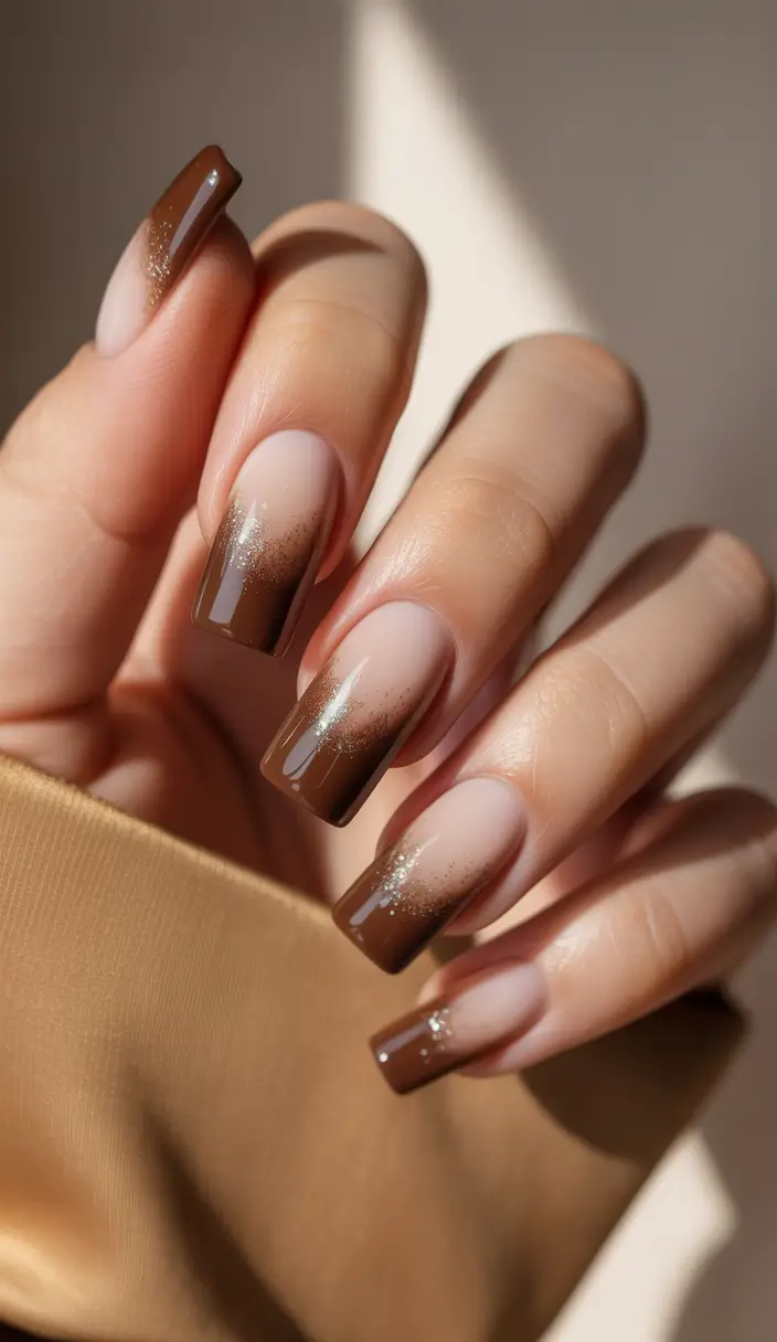brown-nails-2026-designs-ideas-Brown-Sparkled-Gradient-French