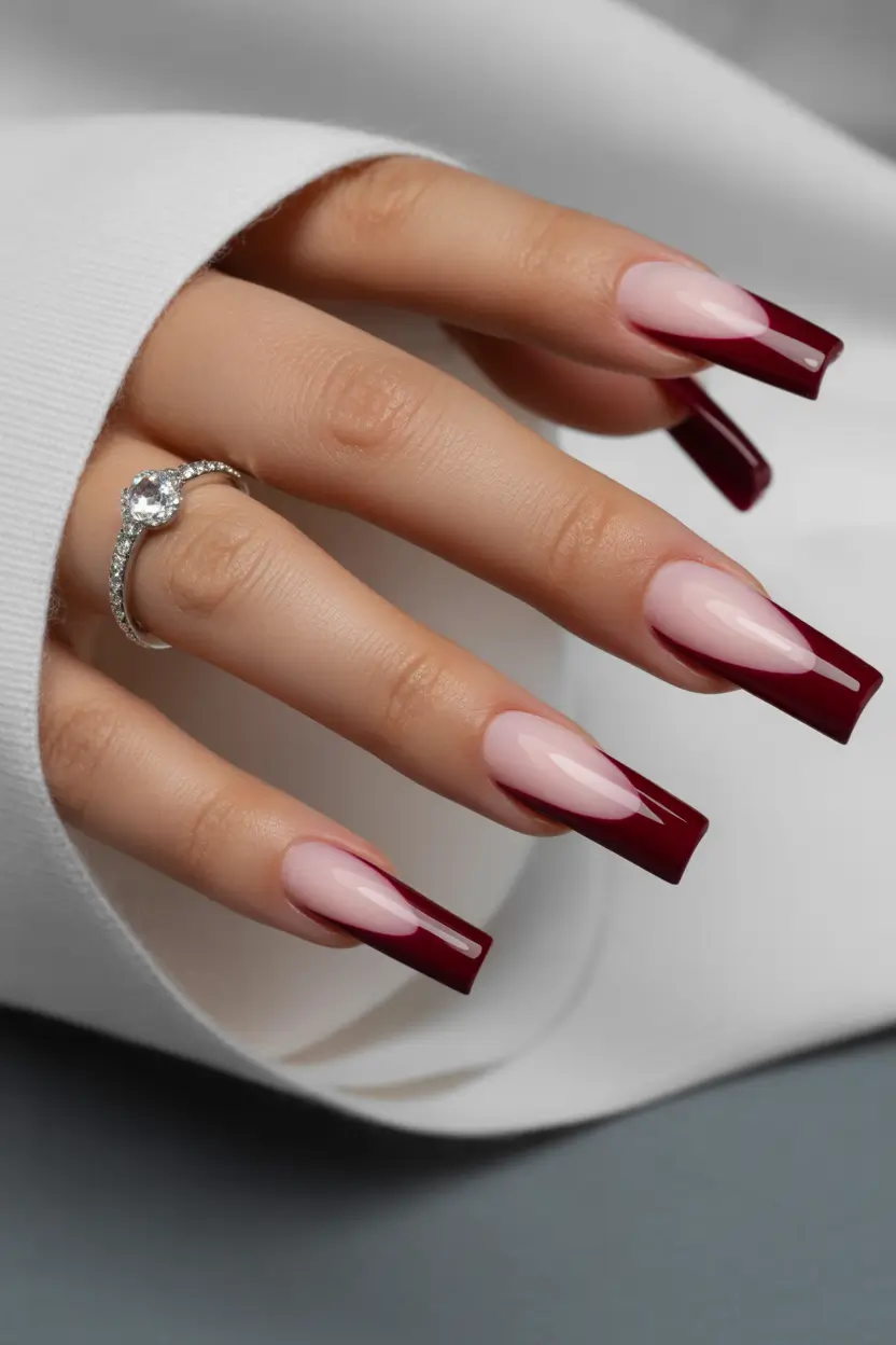 brown-nails-2026-designs-ideas-Deep-Burgundy-and-Nude-French-Edge