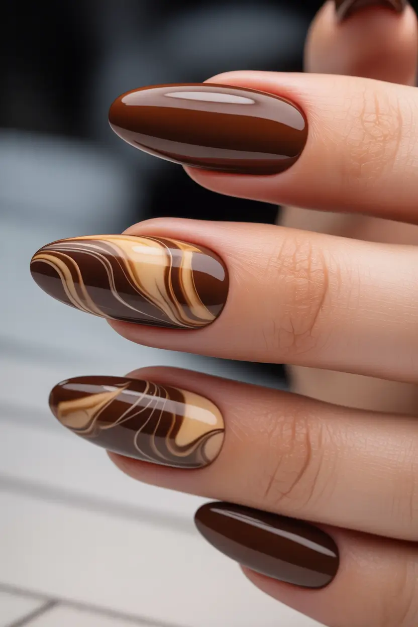 brown-nails-2026-designs-ideas-Caramel-Marble-Almond-Art