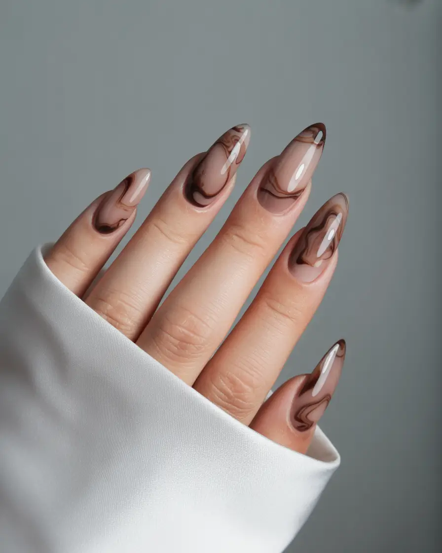 brown-nails-2026-designs-ideas-Marbled-Almond-Veil-Art
