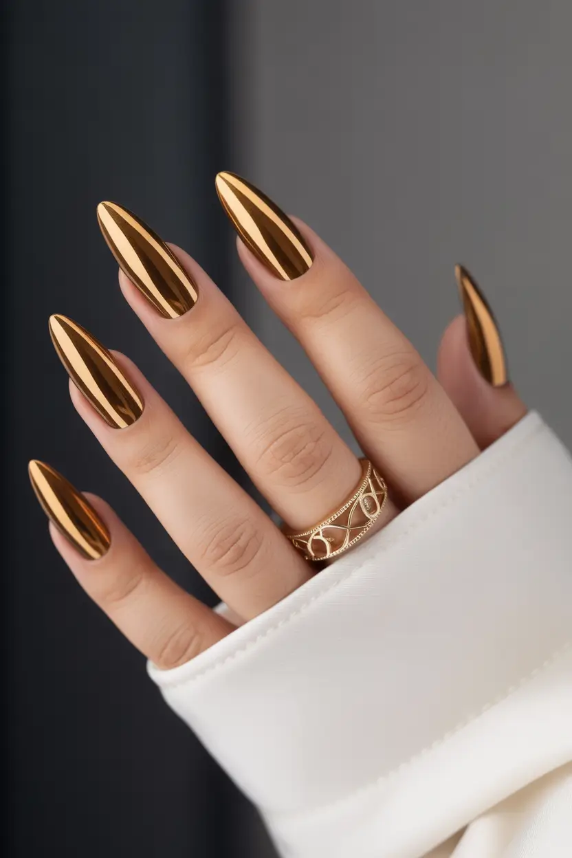 brown-nails-2026-designs-ideas-Chrome-Bronze-Almond-Shine