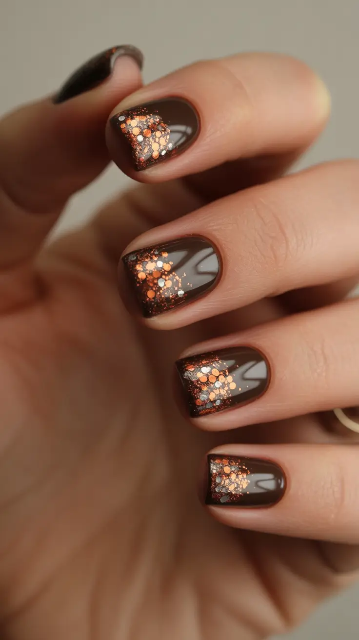 brown-nails-2026-designs-ideas-Sparkled-Copper-Mosaic-Short-Nails