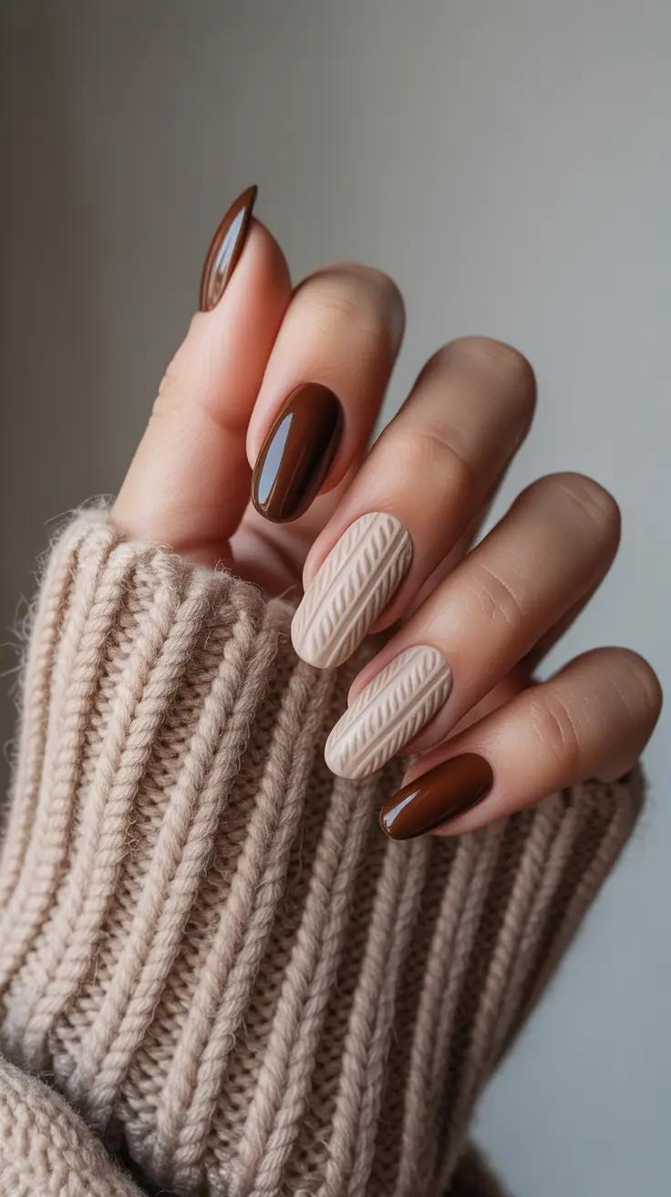 brown-nails-2026-designs-ideas-Knitted-Texture-With-Warm-Brown-Contrast