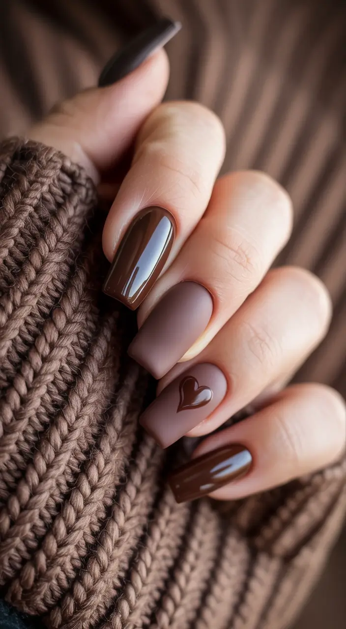 brown-nails-2026-designs-ideas-Matte-And-Glossy-Heart-Accent-Square