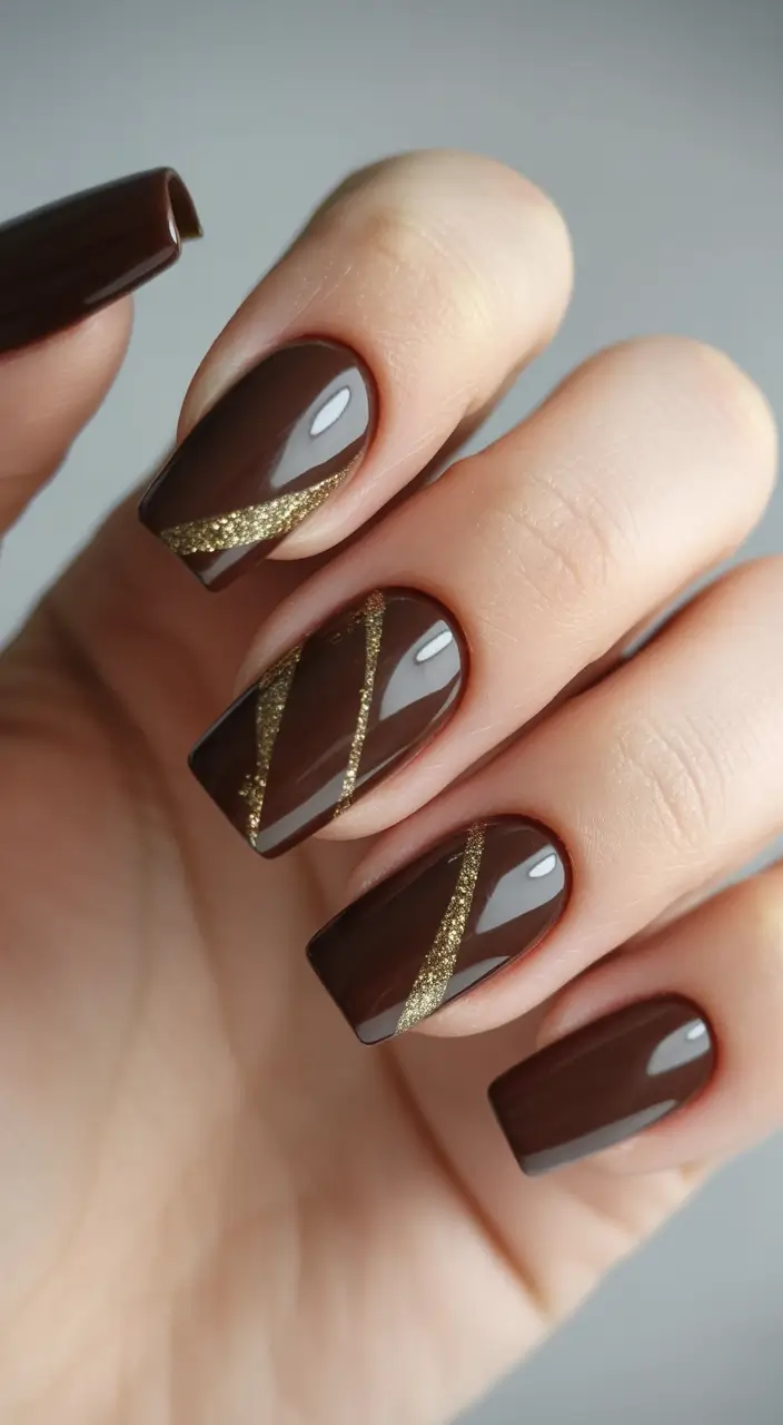 brown-nails-2026-designs-ideas-Gold-and-Mocha-Ribbon-Stripes