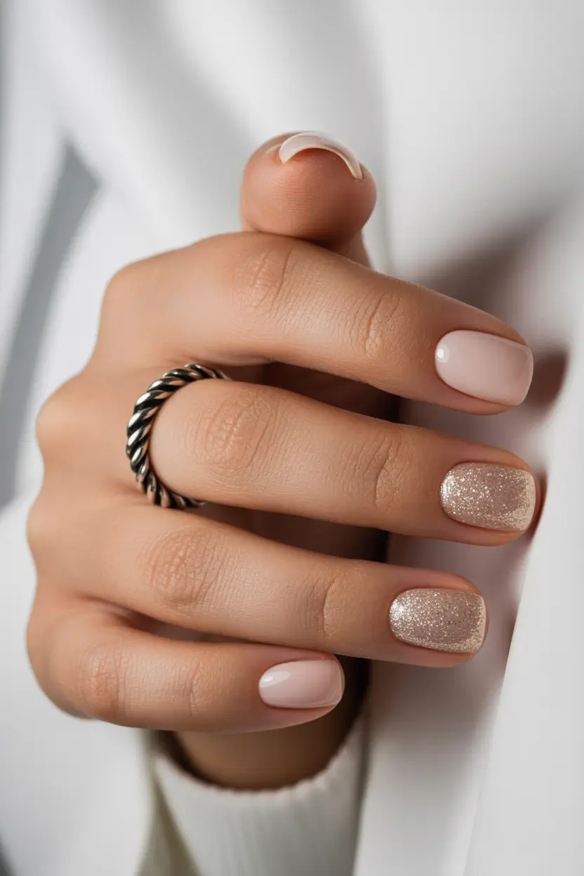 classic square nails 2026 Minimal Nude Square Nails with Sparkling Accent Tips