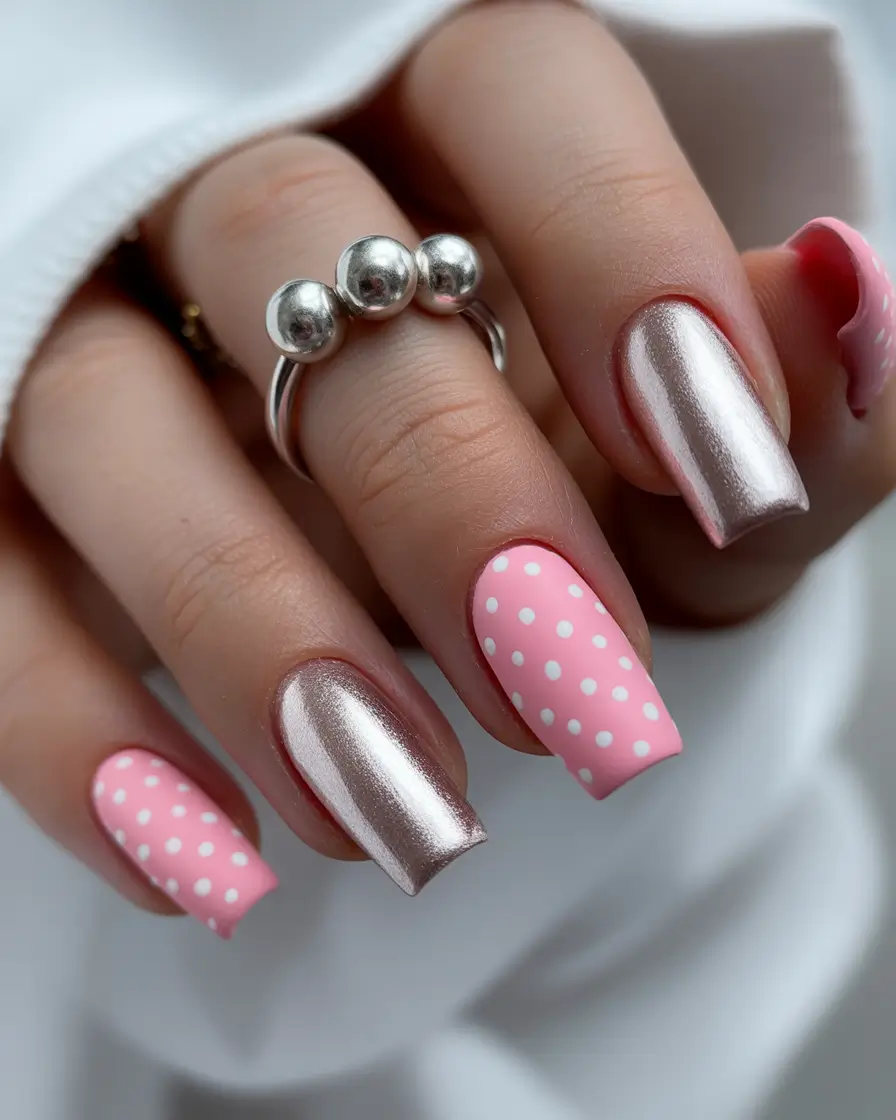 classic square nails 2026 Pink Polka Dots and Silver Chrome Square Nails for Playful Glam