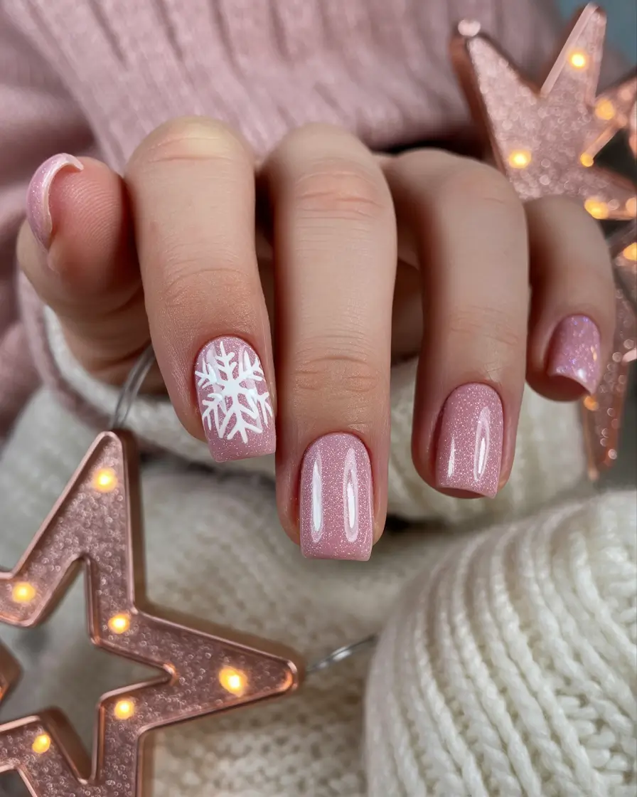 classic square nails 2026 Rose Shimmer Snowflake Square Nails for Cozy Winter Moments