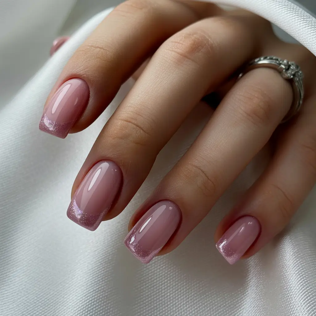 classic square nails 2026 Mauve Pink Square Nails with Subtle Glitter French Edges