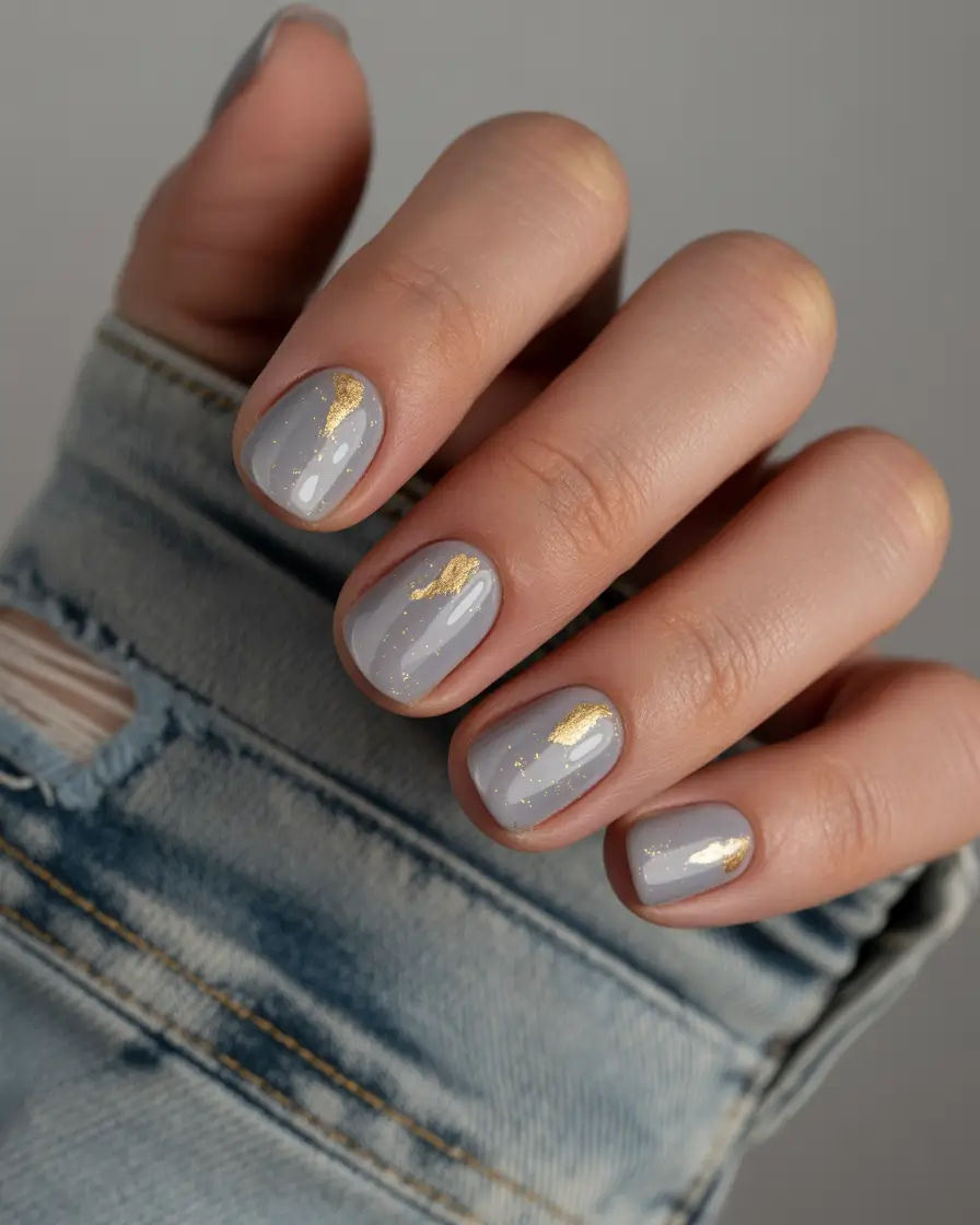 classic square nails 2026 Slate Grey Square Nails with Gold Leaf Details