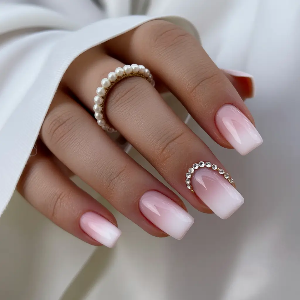 classic square nails 2026 Soft Pink Ombre Square Nails with a Crystal Half Moon