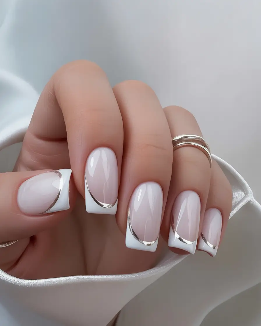 classic square nails 2026 White French Square Nails with Silver Outline Tips