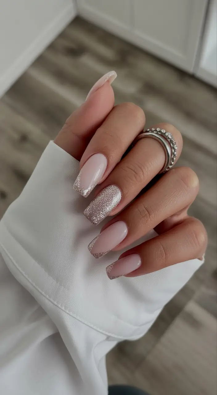 classic square nails 2026 Champagne Glitter Tips on Soft Pink Square Nails