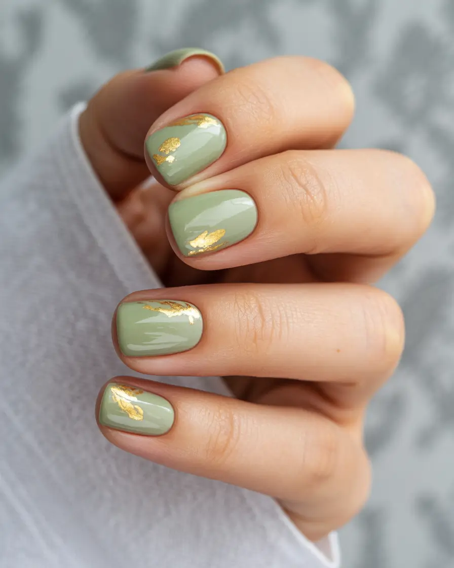 classic square nails 2026 Sage Green Square Nails with Gold Foil Accents