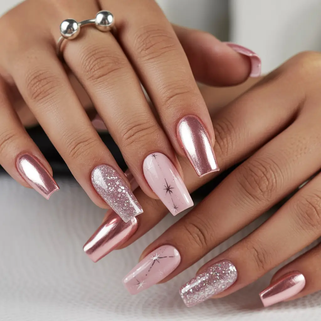 classy-wedding-nails-for-bride-2026-Rose-Gold-Glow-With-Starlit-Accents