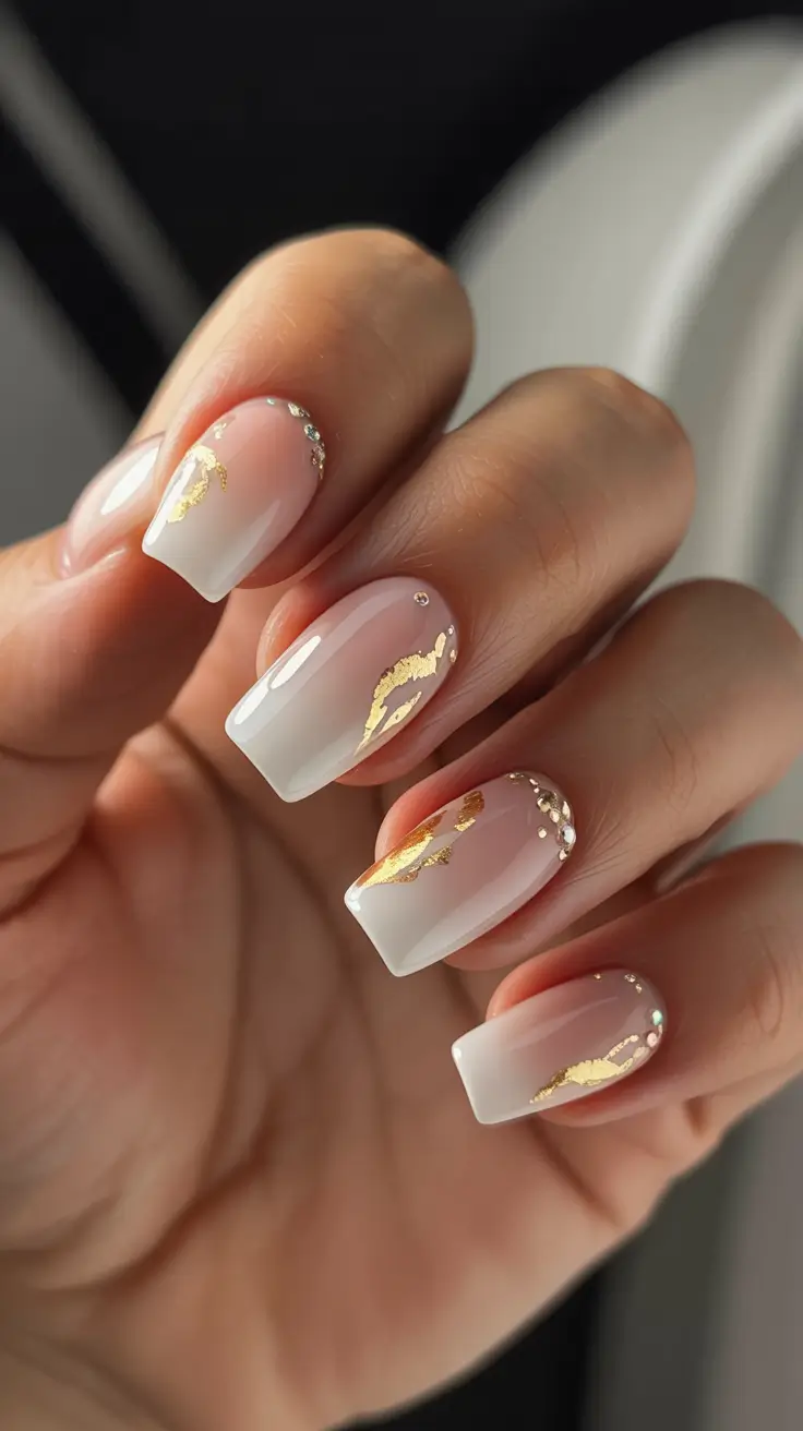 wedding-nails-2026-White-Ombre-With-Golden-Flecked-Luxe-Accents