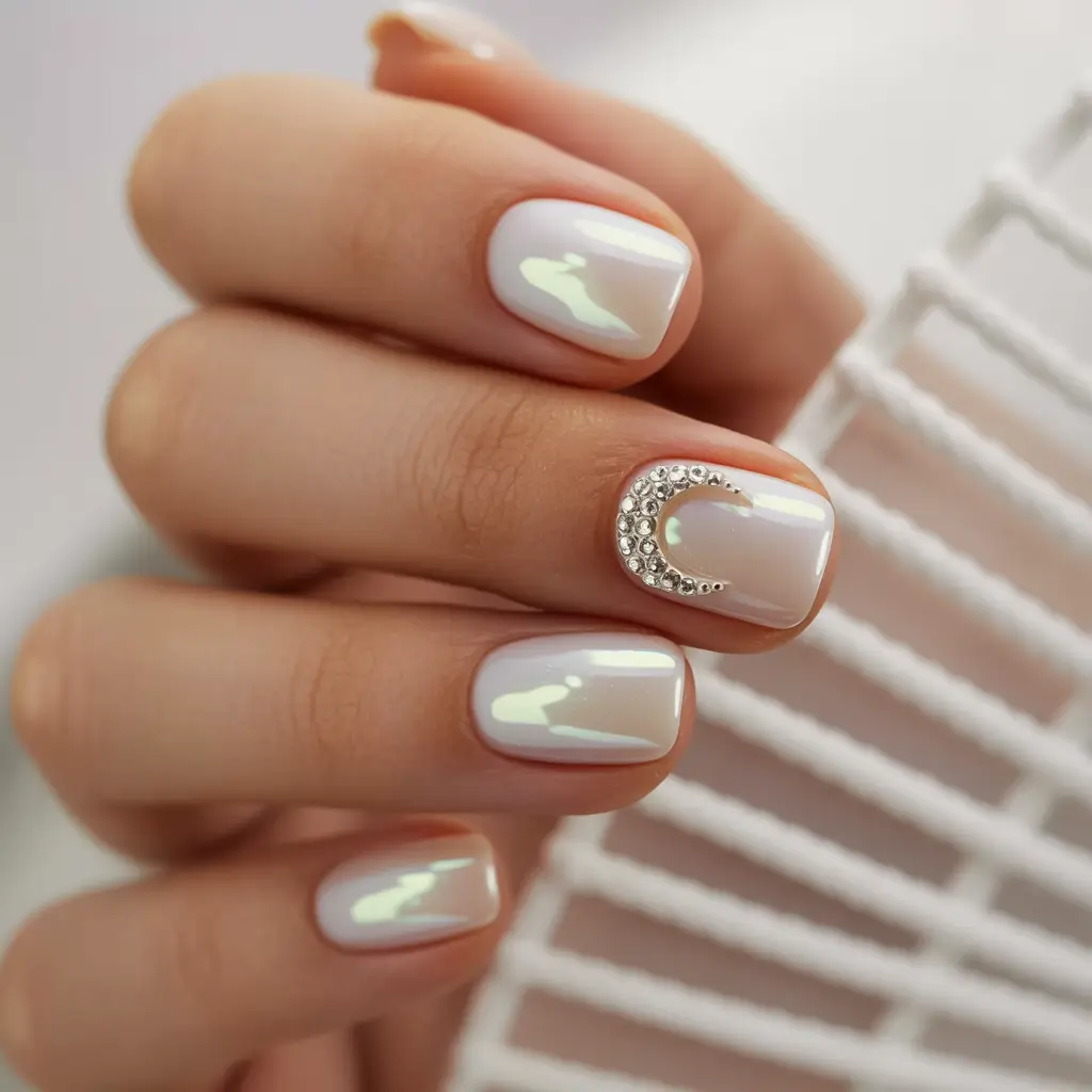 wedding-nails-2026-Pearly-Short-Nails-With-Crescent-Crystal-Accent