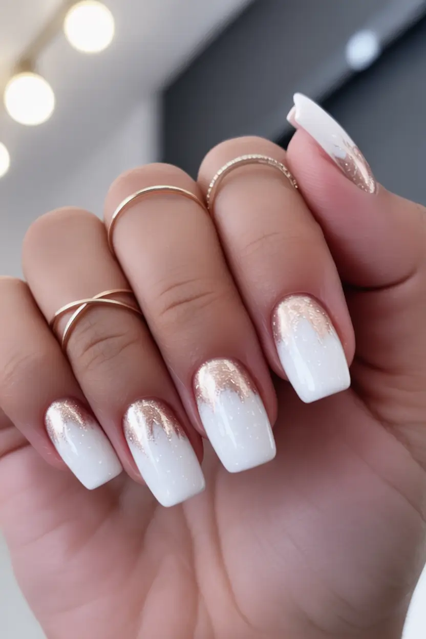 classy-wedding-nails-for-bride-2026-White-Gradient-Luxe-With-Metallic-Rose-Edges