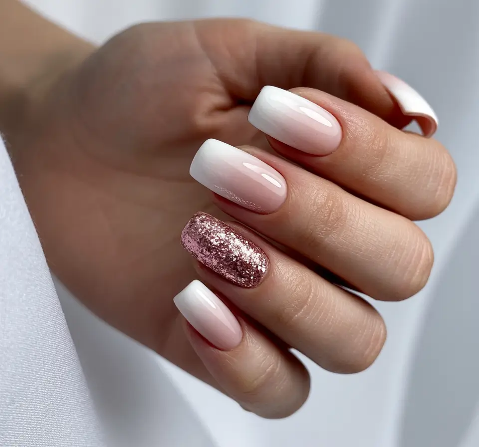 wedding-nails-2026-Pink-Glitter-Accent-With-Soft-White-Ombre-Blend