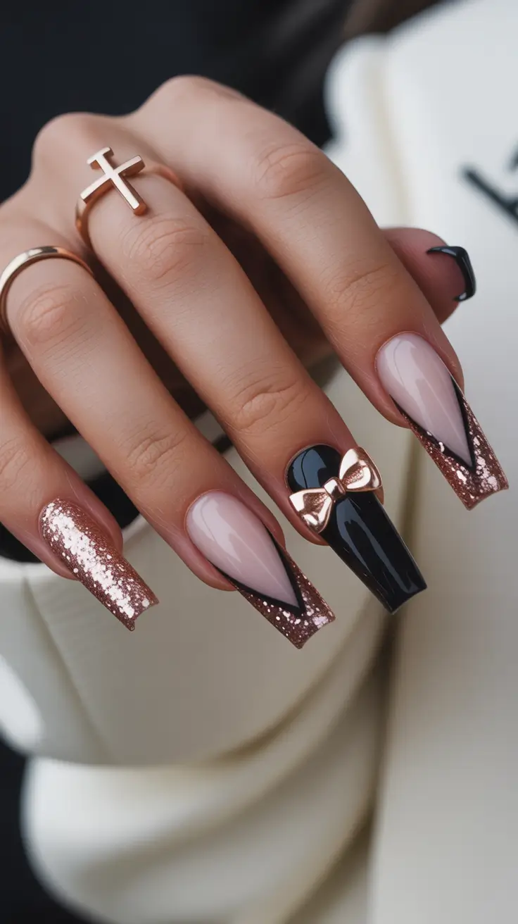 creative-coffin-nails-2026 Rose Gold Edge and Midnight Bow