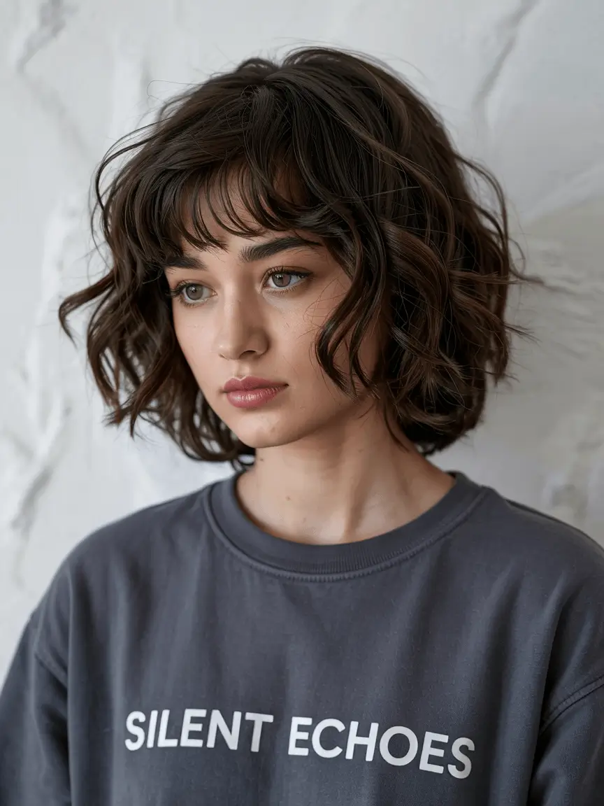 hairstyles ideas for short curly hair Textured Curls with Wispy Bangs