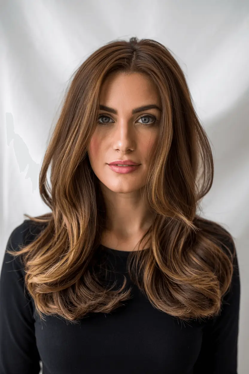 hairstyles ideas for long hair Golden Mocha Layers with Polished Volume