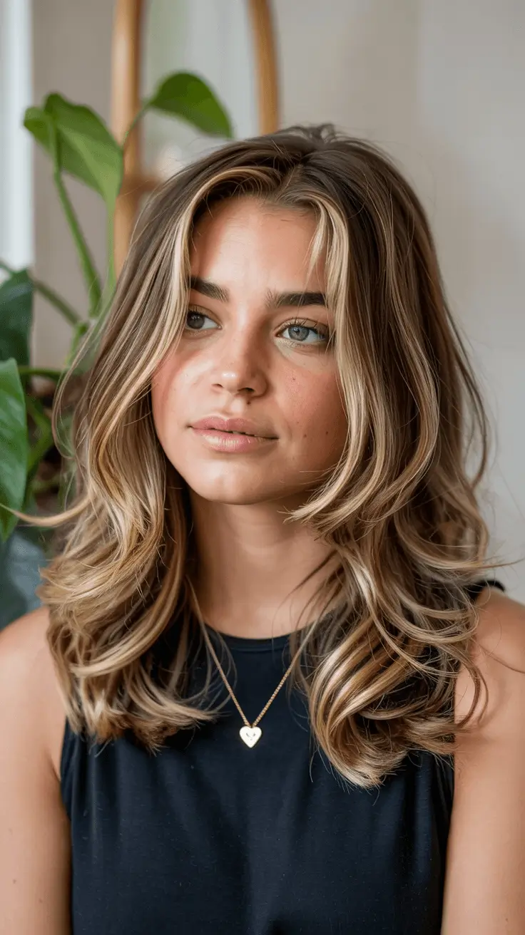 hairstyles ideas for medium hair Honey Blonde Layers with Curtain Bangs