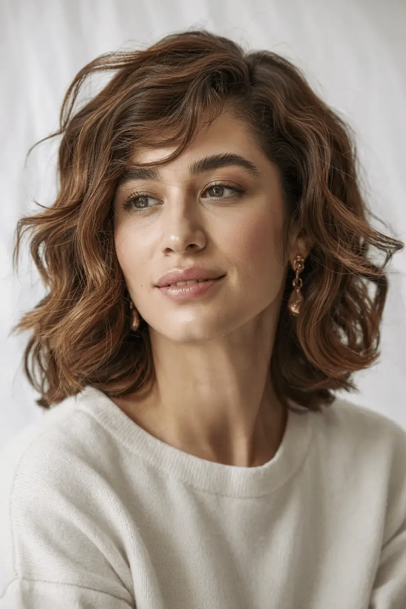 hairstyles ideas for medium hair Soft Tousled Waves with Side Bangs