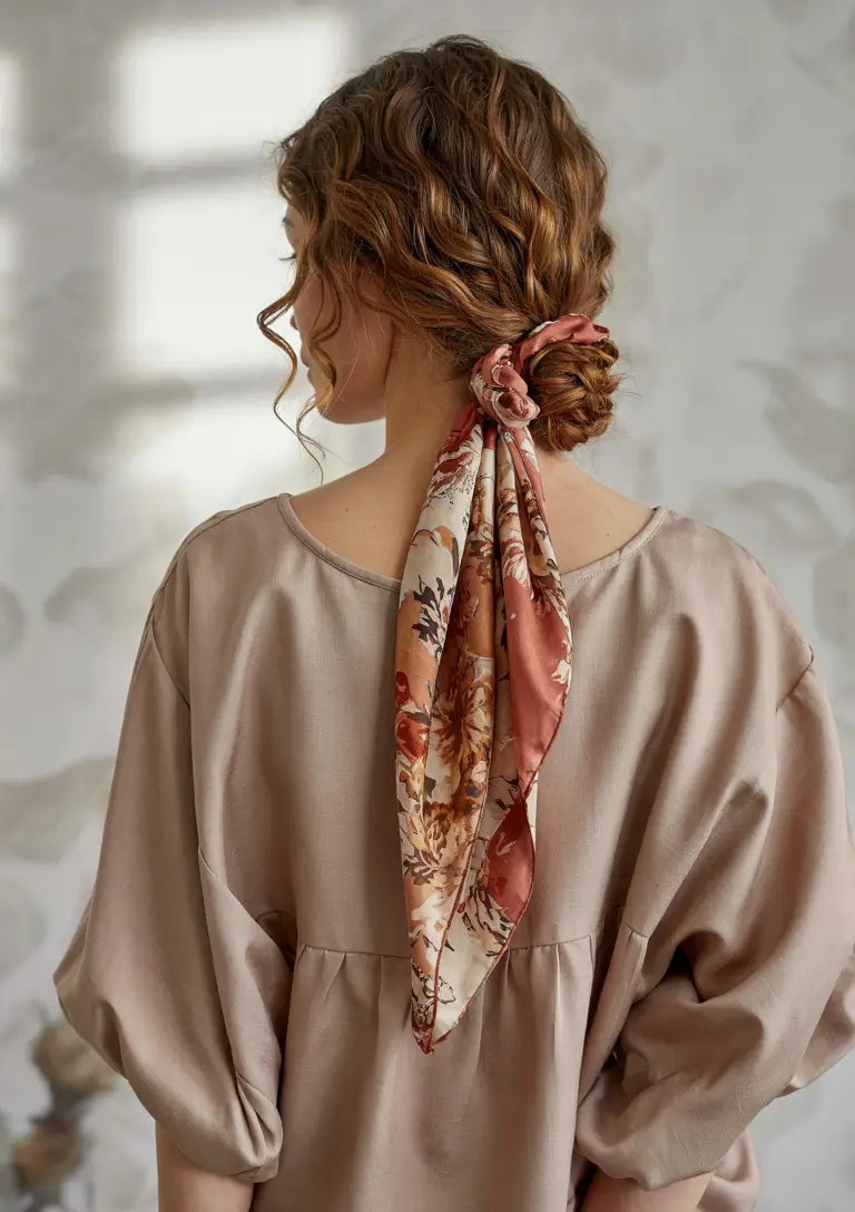 curly hairstyles women Low Scarf Bun with Romantic Twists