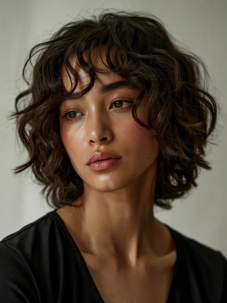 curly hairstyles short hair Tousled Shag Curls with Bangs