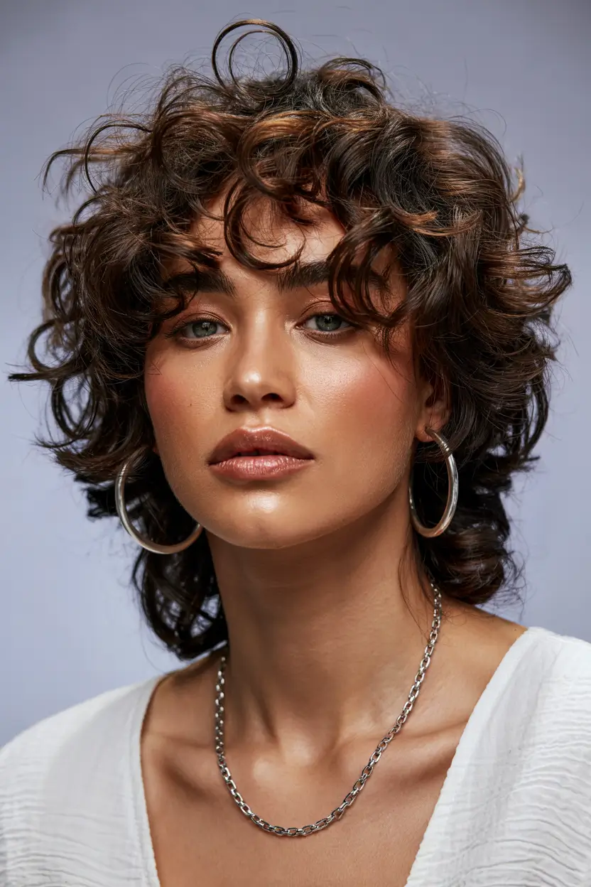 curly hairstyles women Glossy Layered Shag with Fringe