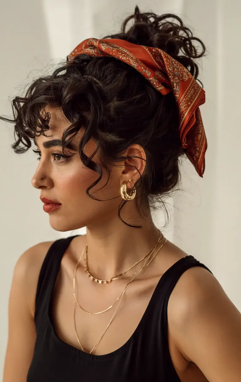 curly hairstyles women Retro-Inspired Curly Scarf Bun