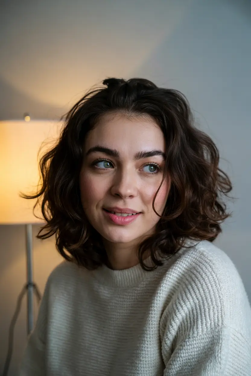 curly hairstyles medium hair Soft Espresso Waves with Effortless Texture