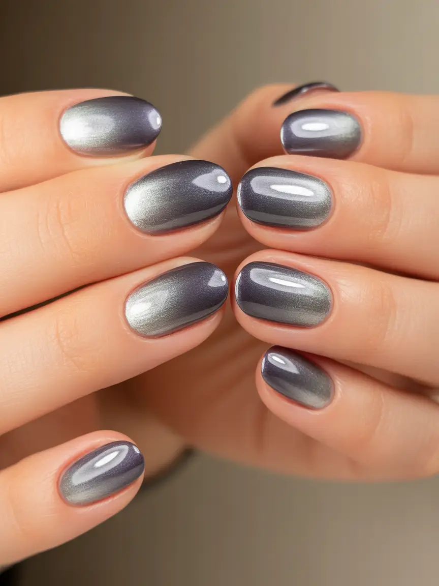 cute cat eye nails 2026 Smoky Silver Cat Eye With a Cool Metallic Finish