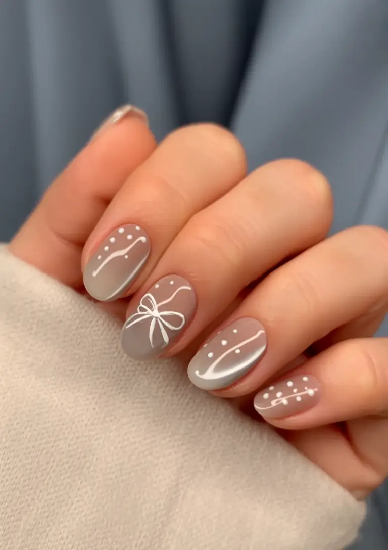 cute cat eye nails 2026 Soft Gray Cat Eye With Minimal Winter Bow Art
