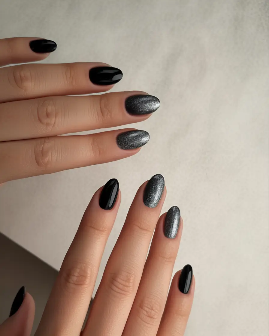 cute cat eye nails 2026 Black and Silver Cat Eye Contrast for Modern Minimalists