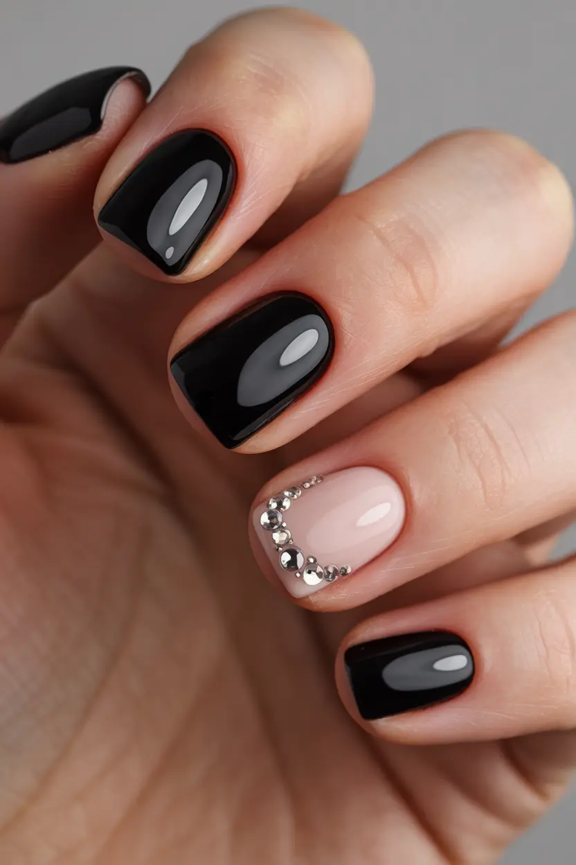 cute nails aesthetic 2026 Black and Crystal Accent Drama