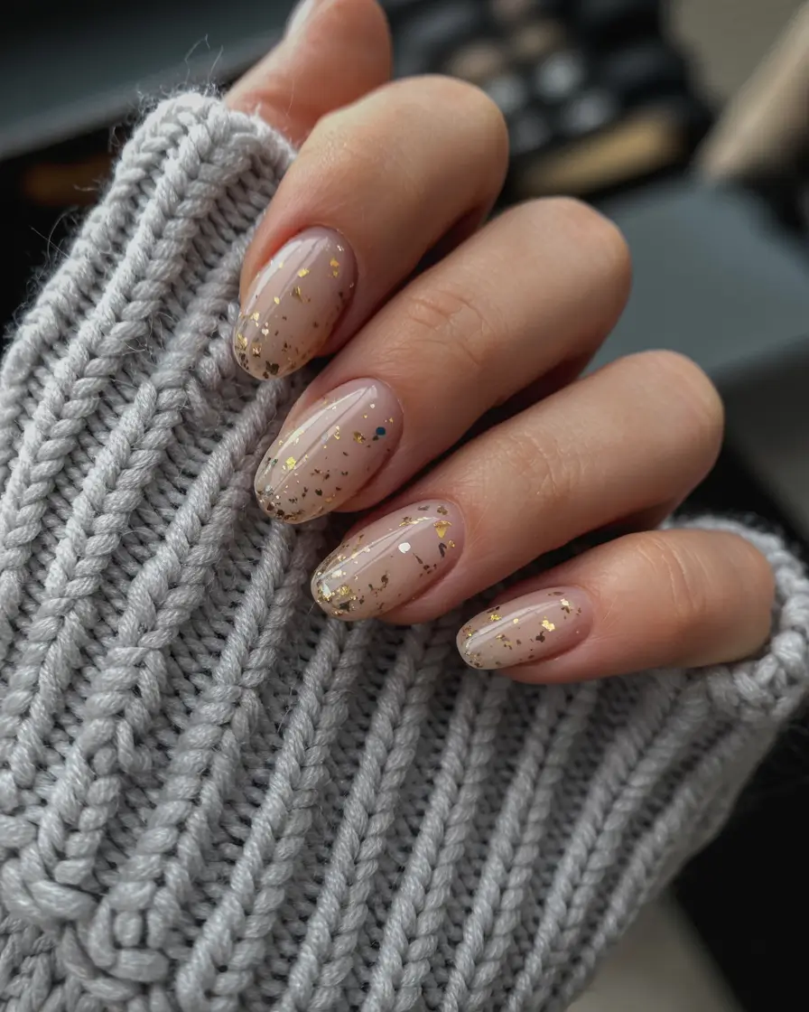 cute nails aesthetic 2026 Golden Confetti Almond Sparkle