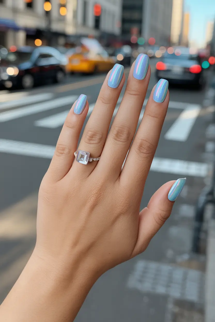 cute nails aesthetic 2026 Holographic City Glow