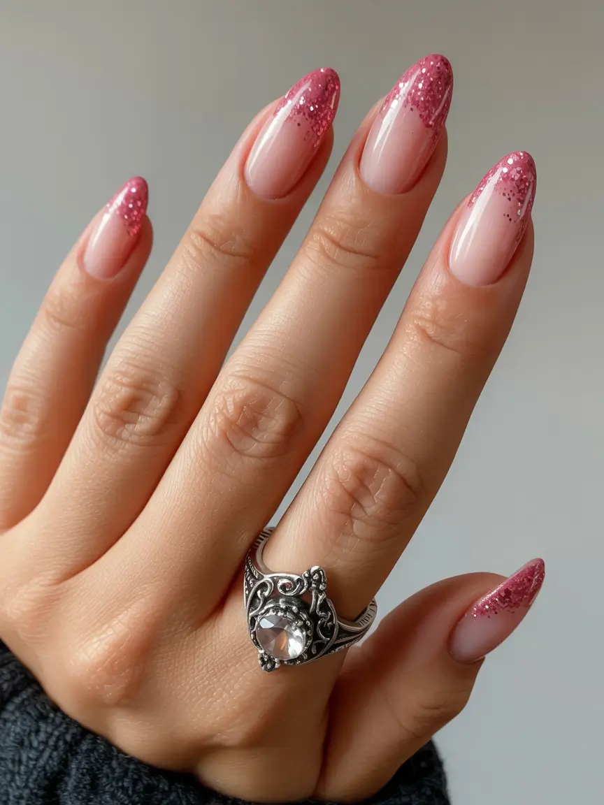cute nails aesthetic 2026 Pink Sparkle Fade