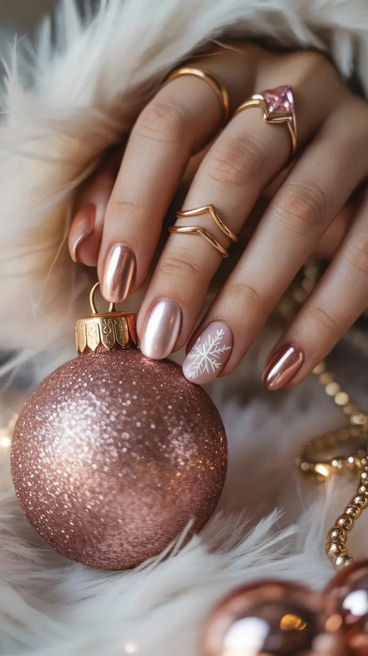 cute nails aesthetic 2026 Rose Gold Winter Glow