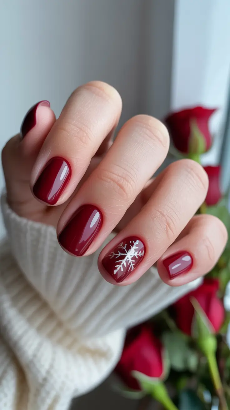 cute nails aesthetic 2026 Crimson Snowflake Charm